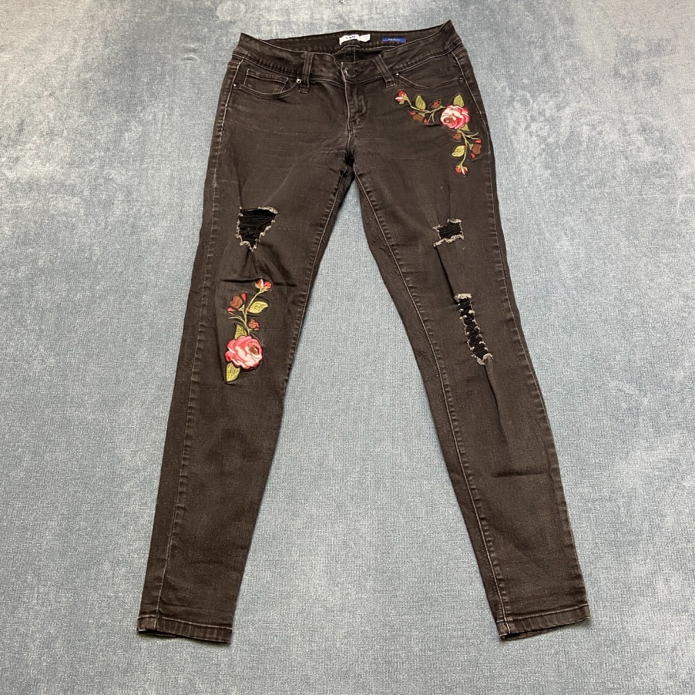 YMI Skinny Jeans Women 7 Black Denim Distressed Floral Embroidered Dark Wash